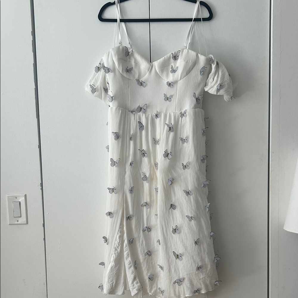 Dress the Population White Midi Dress with Gray Butterfly Accents